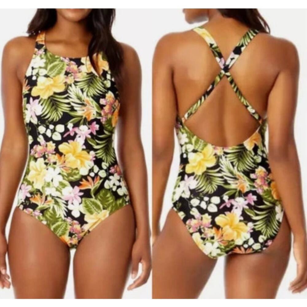 Hurley One-Piece Swimsuit Womens Large Tropical Floral‎ Print Cross Back